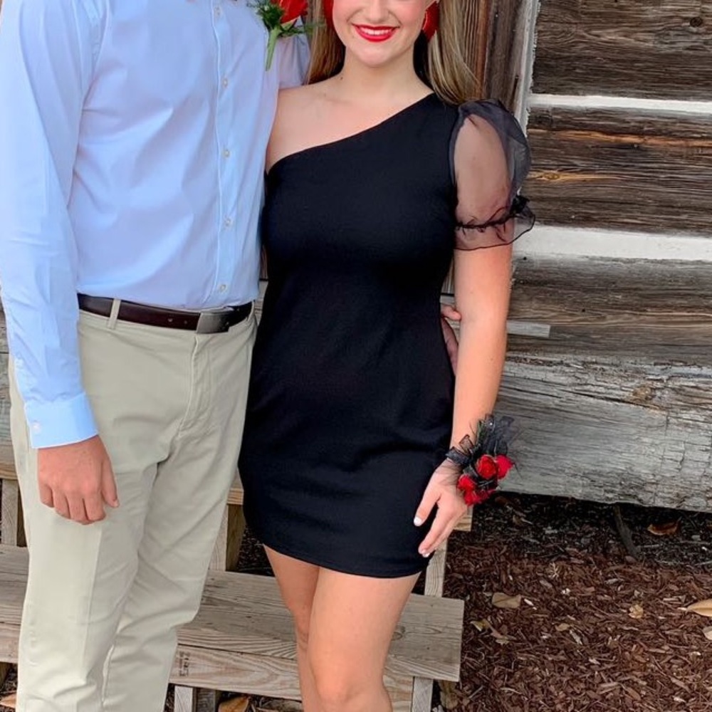 One shoulder black mini dress